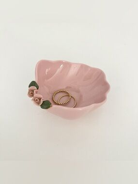 Vintage Pink Roses Porcelain Trinket Jewelry Dish By Newell Studios California